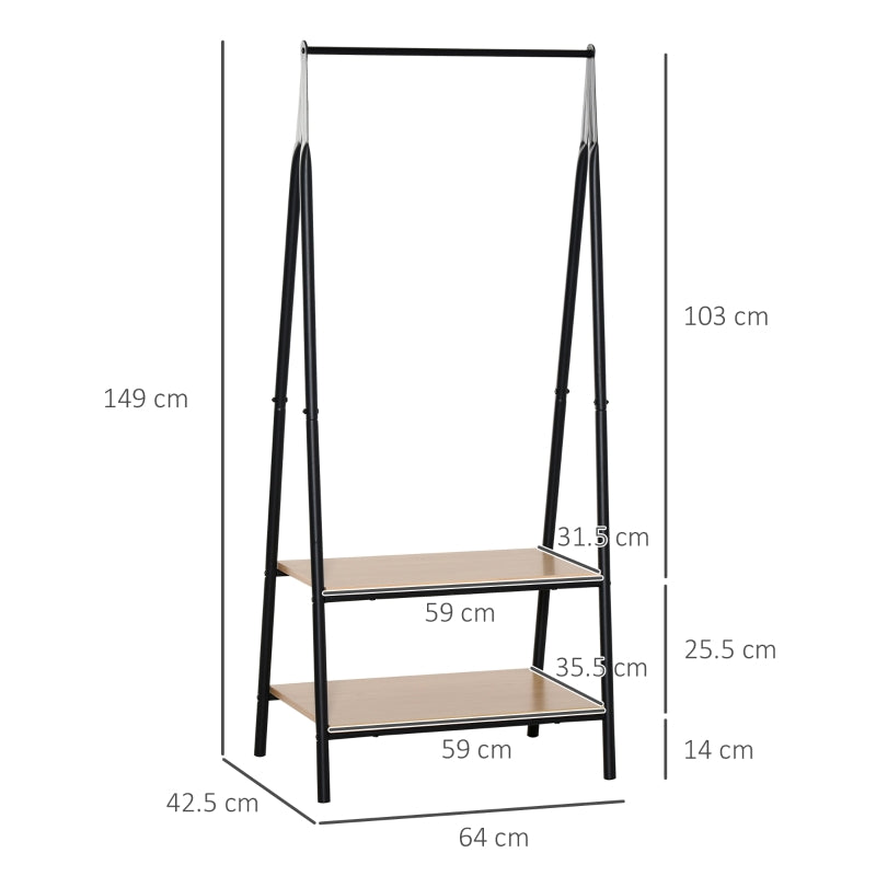 HOMCOM Clothes Rail, Freestanding Metal Clothes Rack with 2 Tier Storage Shelves for Bedroom and Entryway, 64 x 42.5 x 149 cm, Black Frame