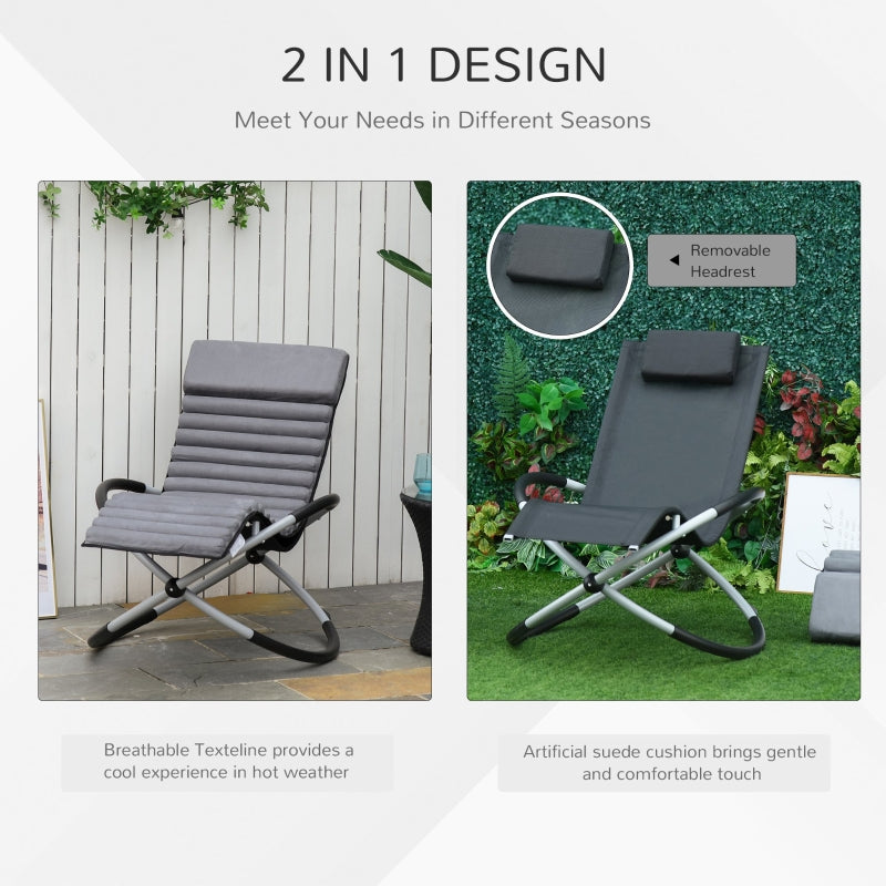 Outsunny Orbital Rocking Chair Folding Lounger Anti-drop with Mat Removable Design 2 in 1 145x74x86cm Black Grey