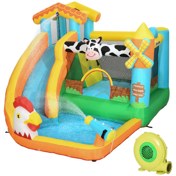 Outsunny 5 in 1 Kids Bounce Castle Farm Style Inflatable House with Slide Trampoline Pool Water Cannon Climbing Wall Inflator Carry bag for Ages 3-8