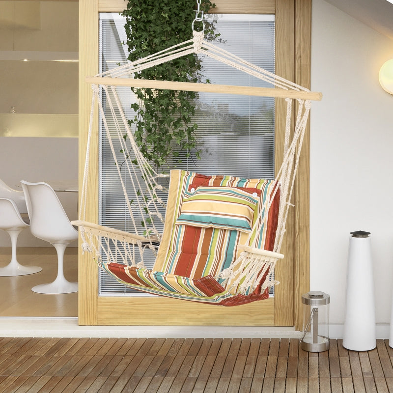 Outsunny Hanging Hammock Chair Swing Chair Thick Rope Frame Safe Wide Seat Indoor Outdoor Home, Patio, Yard, Garde Spot Stylish Multi-Color Stripe