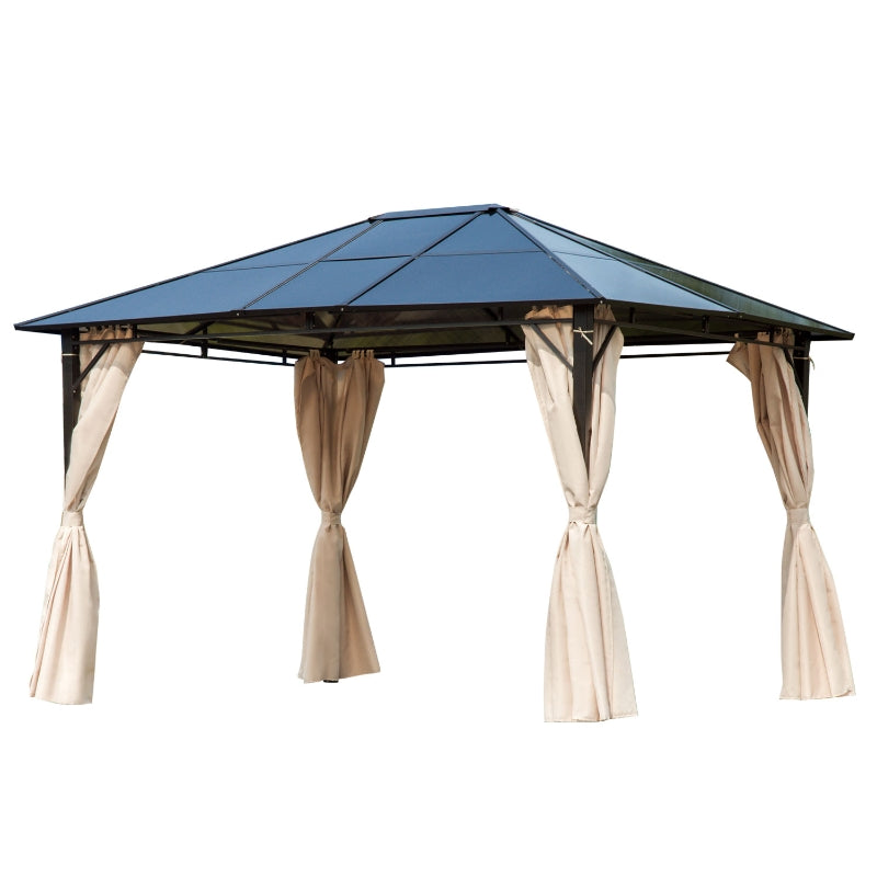 Outsunny 3.6 x 3(m) Hardtop Gazebo Canopy with Polycarbonate Roof Garden Pavilion with Removable Curtains and Steel Frame, Brown