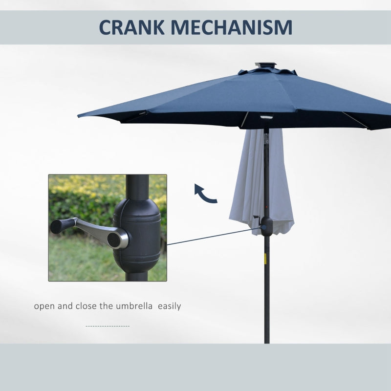 Outsunny 2.7m Garden Parasol Sun Umbrella Patio Summer Shelter w/ LED Solar Light, Angled Canopy, Vent, Crank Tilt, Blue