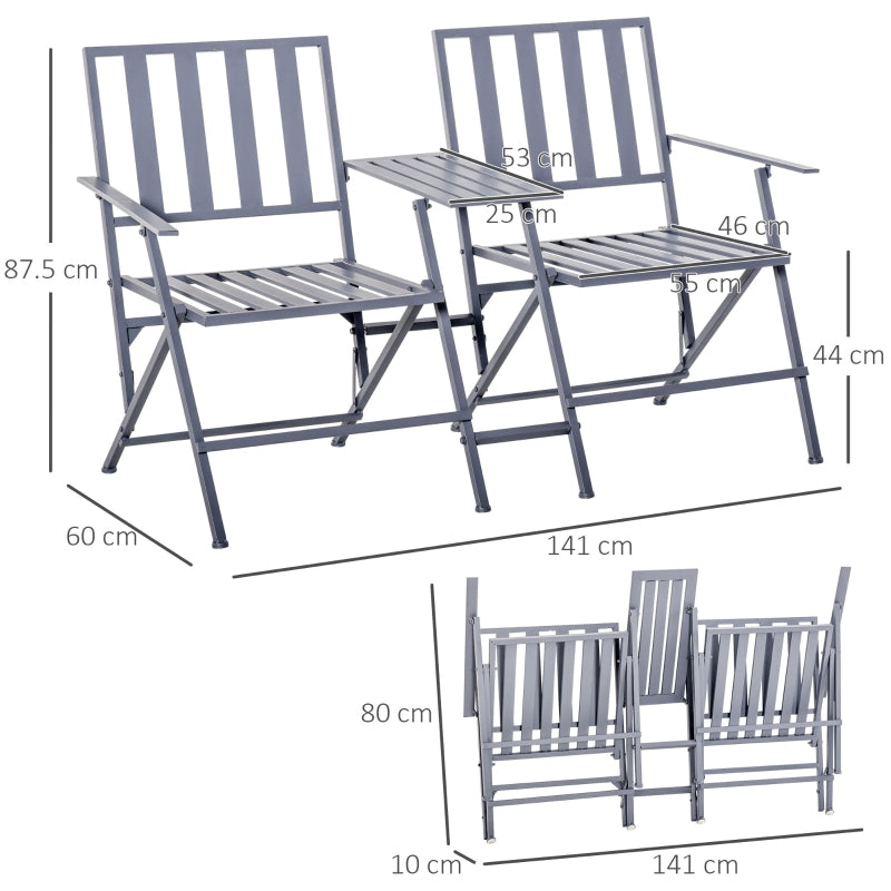 Outsunny Folding Steel Double Seat Garden Loveseat Bench Patio Chair w/ Table Companion Slatted Garden Patio Outdoor Balcony Furniture Grey