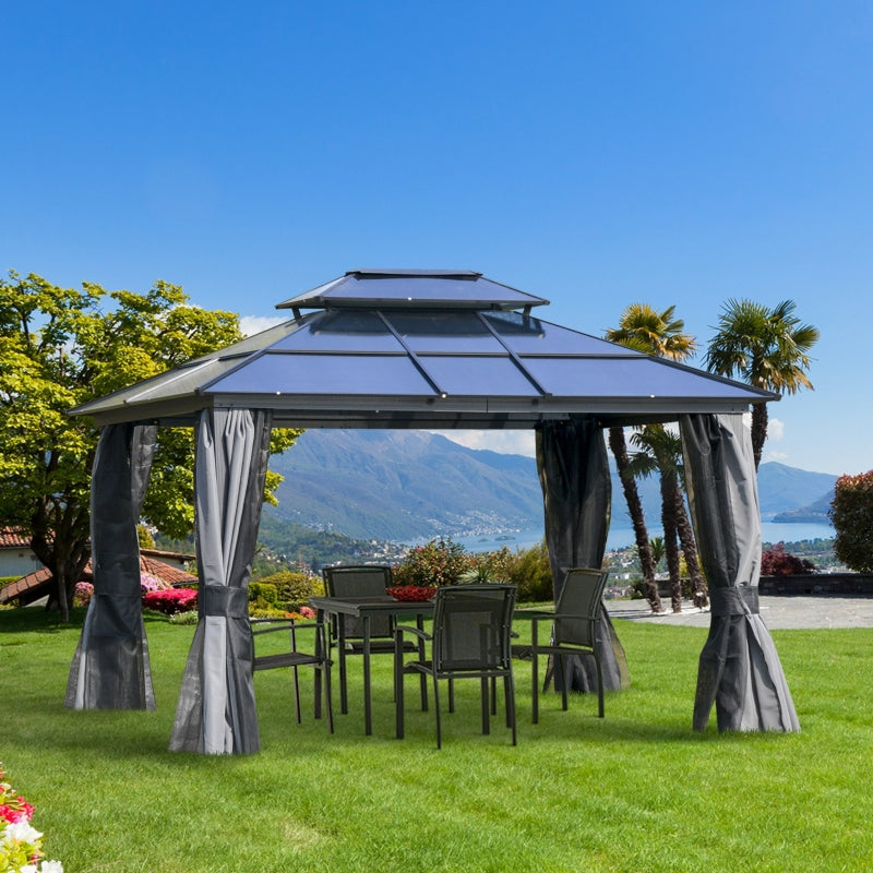 Outsunny 3.6 x 3(m) Polycarbonate Hardtop Gazebo Canopy with Double-Tier Roof and Aluminium Frame, Garden Pavilion with Mosquito Netting and Curtains