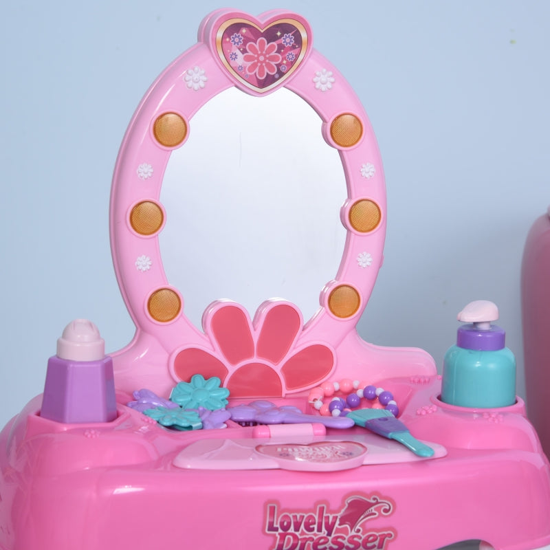 HOMCOM Kids Pretend Play Plastic Vanity Table Set Pink/White