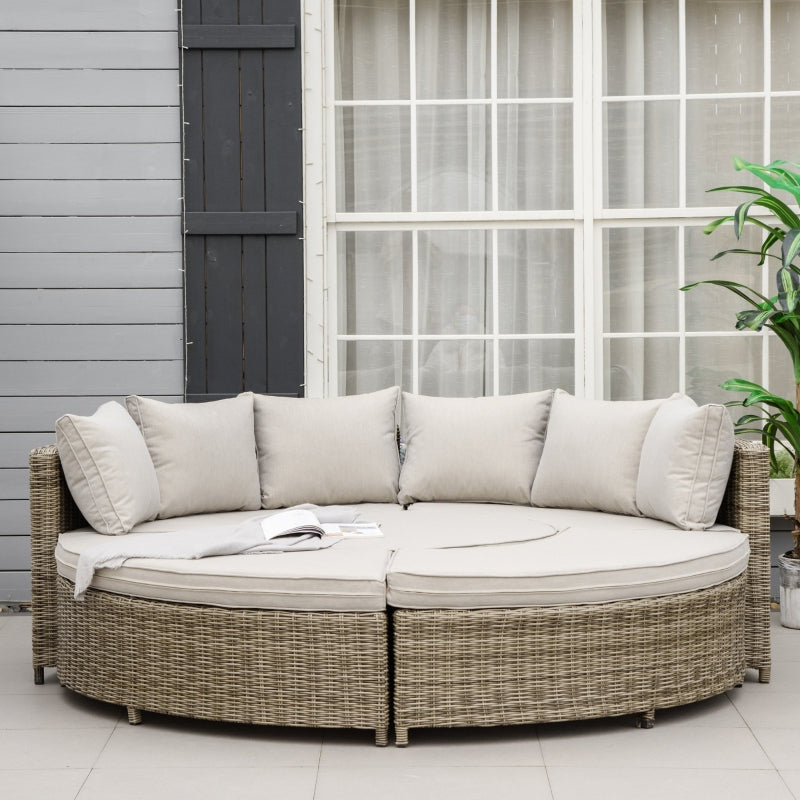 Outsunny 6-Seater Outdoor PE Rattan Patio Furniture Set Lounge Chair Round Daybed Liftable Coffee Table Conversation Set w/ Olefin Cushion, Grey