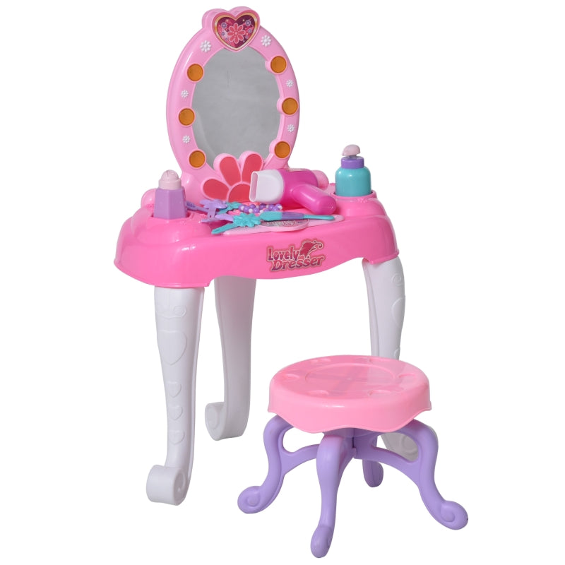 HOMCOM Kids Pretend Play Plastic Vanity Table Set Pink/White