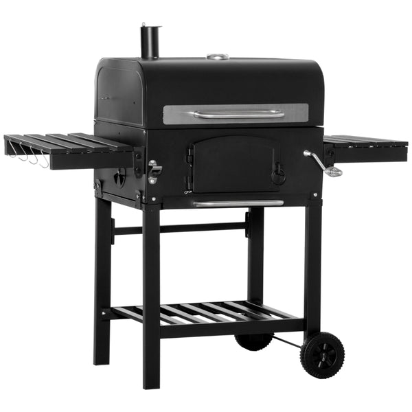 Outsunny Charcoal Barbecue Grill 3-in-1 Garden BBQ Trolley w/ Adjustable Charcoal Pan Height, Folding Shelves, Adjustable Opening and Thermometer