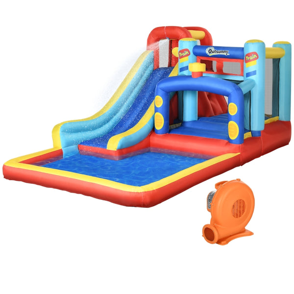 Outsunny 4 in 1 Bouncy Castle, with Slide, Pool, Trampoline, Climbing Wall, Blower - Multicoloured