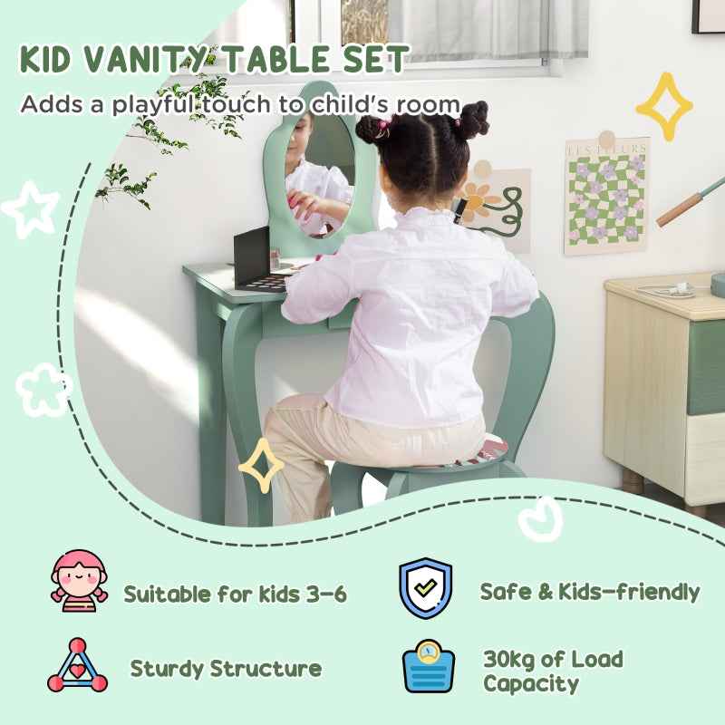 ZONEKIZ Kids Dressing Table with Mirror and Stool, Girls Vanity Table Makeup Desk with Drawer, Cute Animal Design, for 3-6 Years - Green