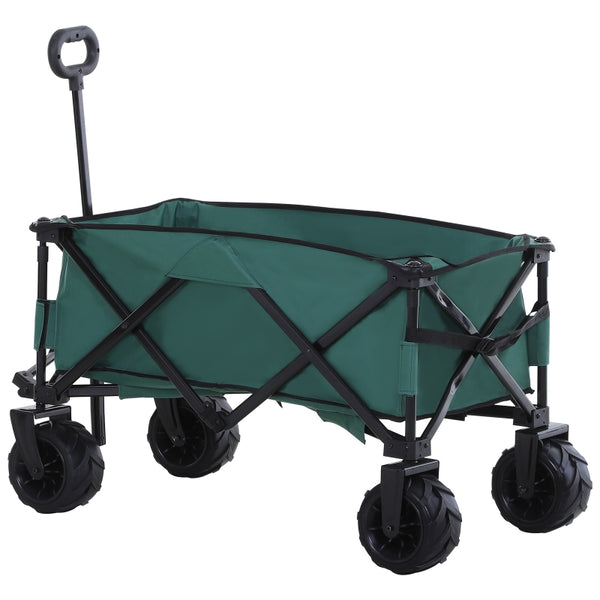 Outsunny Outdoor Pull Along Cart Folding Cargo Wagon Trailer Trolley  for Beach Garden Use with Telescopic Handle, Anti-Slip Wheel - Green