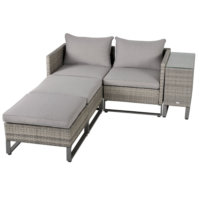 Outsunny 2 Seater Patio Rattan Wicker Sofa Set Chaise Lounge Double Sofa Bed Furniture w/ Coffee Table & Footstool for Patios, Garden, Backyard, Grey