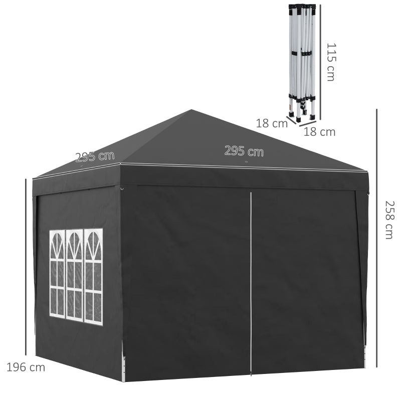 Outsunny 3 x 3 Meters Pop Up Water Resistant Gazebo Wedding Camping Party Tent Canopy Marquee with Carry Bag and 2 Windows, Black