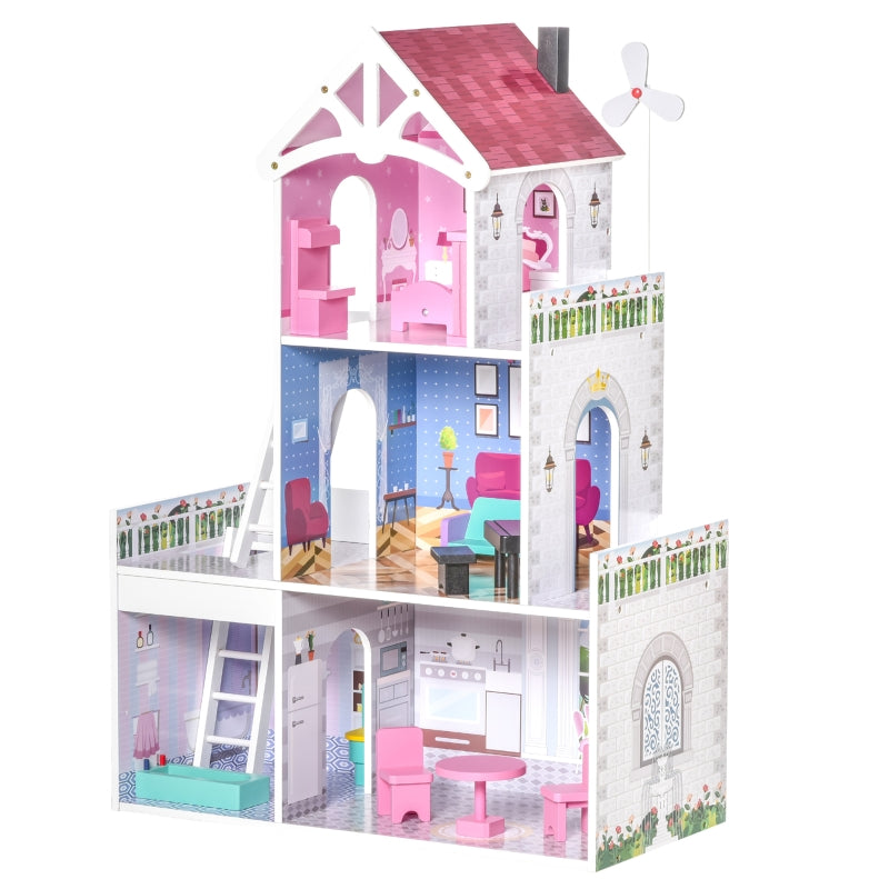 HOMCOM Kids Dollhouse Dreamhouse Villa for Toddler Girls Multi-level House for Children with Furniture Accessories Kit Pink