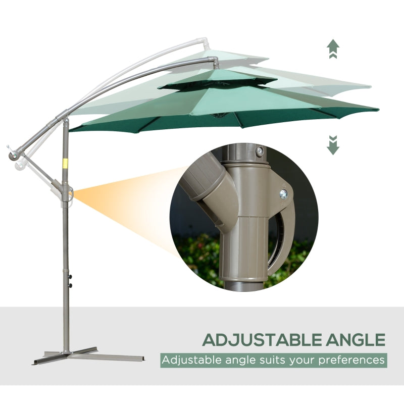 Outsunny 2.7m Banana Parasol Cantilever Umbrella with Crank Handle , Double Tier Canopy and Cross Base for Outdoor, Hanging Sun Shade, Green