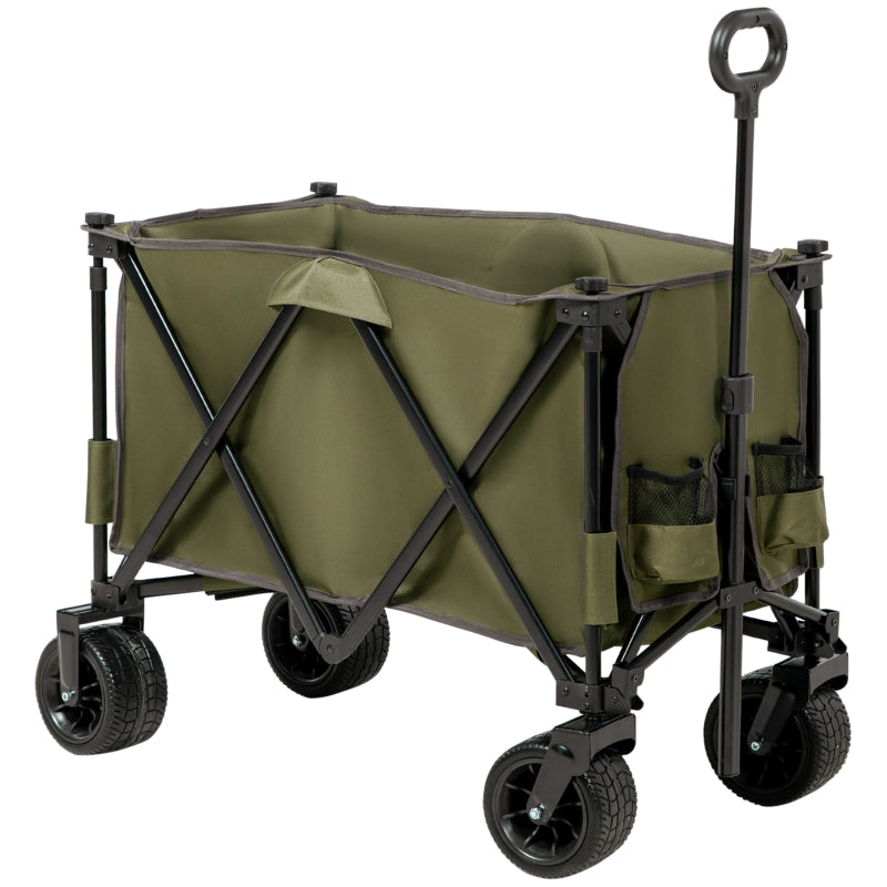 Outsunny Folding Garden Trolley on Wheels, Collapsible Camping Trolley, Outdoor Utility Wagon with Steel Frame and Oxford Fabric, Green