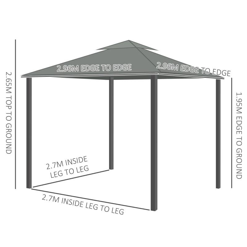 Outsunny 3 x 3(m) Patio Gazebo Canopy Garden Pavilion Tent Shelter Marquee with 2 Tier Water Repellent Roof, Mosquito Netting and Curtains, Dark Grey