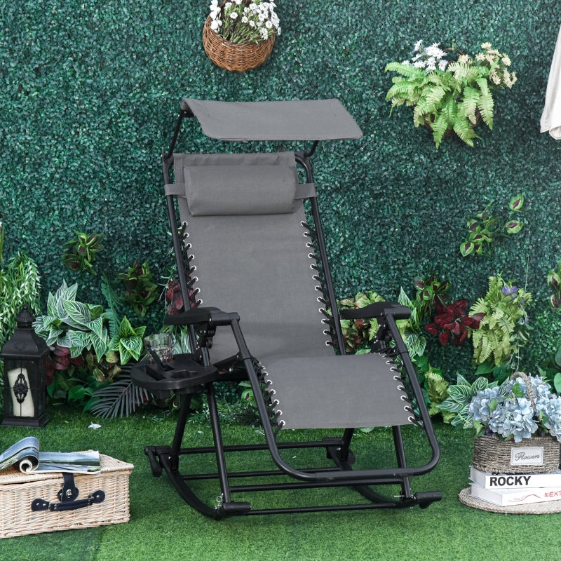 Outsunny Garden Rocking Chair Folding Recliner Outdoor Adjustable Sun Lounger Rocker Zero-Gravity Seat with Headrest Side Holder Patio Deck - Grey