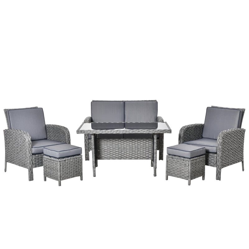 Outsunny 6-Seater Outdoor Patio Rattan Dining Table Sets All Weather PE Wicker Sofa Furniture Set for Backyard Garden w/ Cushions Grey