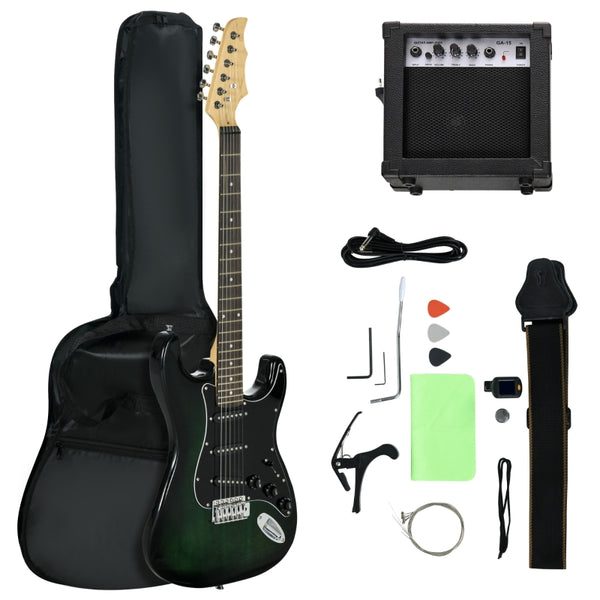 SPORTNOW 6 String Electric Guitar, Right Handed, with 20w Amp, Digital Tuner, Spare Strings, Picks, Shoulder Strap, and Case Bag, Black Green