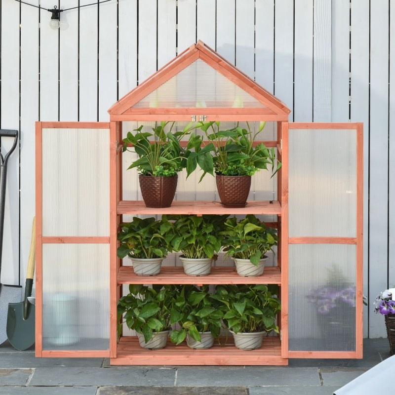 Outsunny 3-Tier Wooden Cold Frame Greenhouse Garden Polycarbonate Grow House w/ Adjustable Shelves, Double Doors, 80 x 47 x 138 cm, Orange