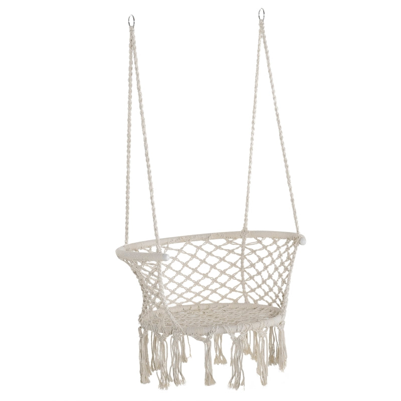 Outsunny Hanging Hammock Chair Cotton Rope Porch Swing with Metal Frame and Cushion, Large Macrame Seat for Patio, Garden, Bedroom, Cream White