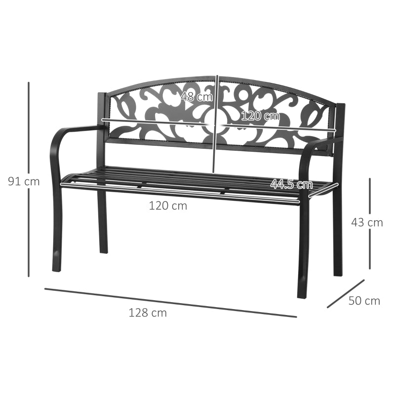 Outsunny 2 Seater Outdoor Patio Garden Metal Bench Park Yard Furniture Porch Chair Seat Black 128L x 91H x 50W cm