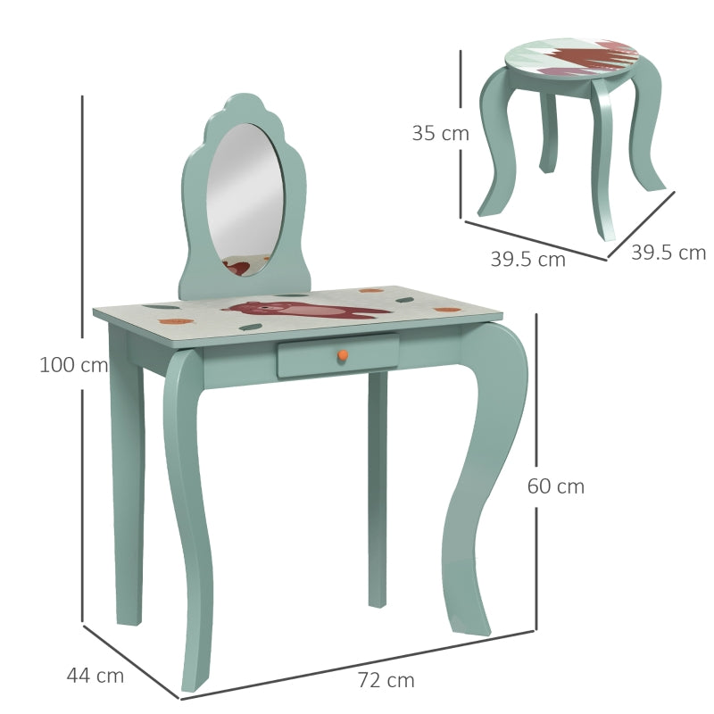 ZONEKIZ Kids Dressing Table with Mirror and Stool, Girls Vanity Table Makeup Desk with Drawer, Cute Animal Design, for 3-6 Years - Green