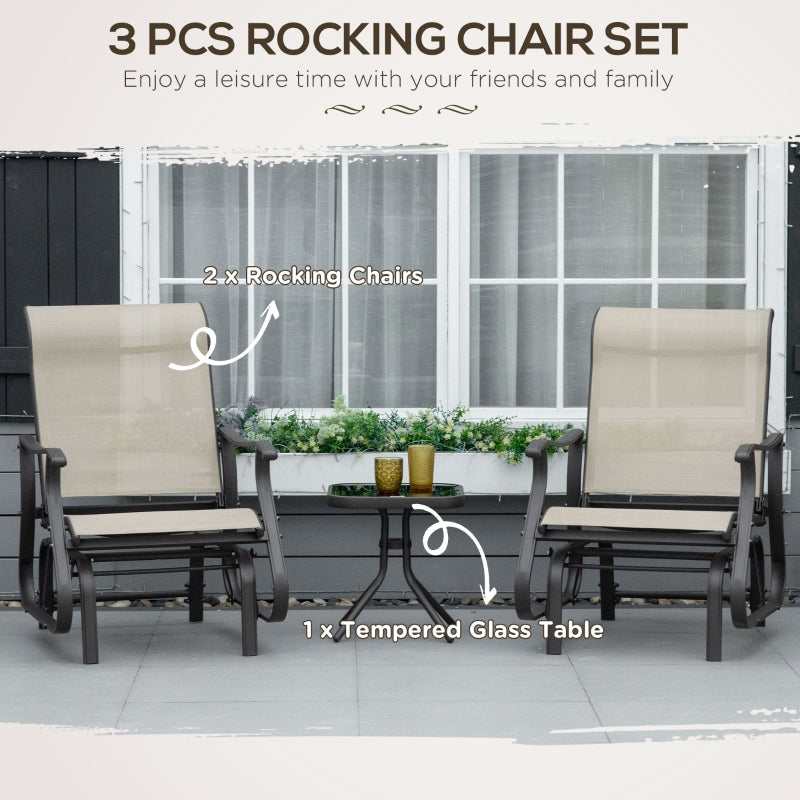 Outsunny Set of 3 Gliding Chair & Tea Table Set, Outdoor Rocker Set with 2 Armchairs, Tempered Glass Tabletop, Khaki