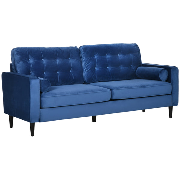 HOMCOM Mid-Century 3-Seater Sofa, 204 cm Sofa Couch with Button-Tufted Back Cushion, Velvet Feel Fabric Upholstery for Living Room, Bedroom Blue