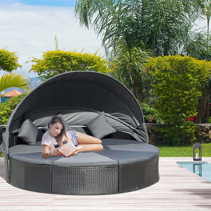 Outsunny 4 Pieces PE Rattan Garden Daybed Set, Outdoor Wicker Cushioned Round Sofa Bed Conversation Furniture with Coffee Table & Canopy, Black