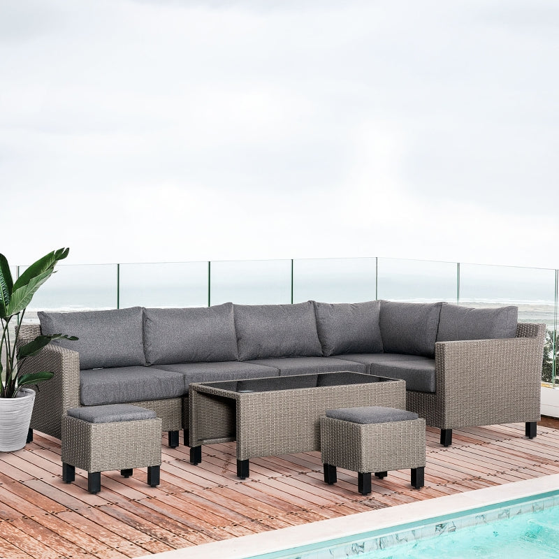 Outsunny 7-Seater PE Rattan Sofa Set Wicker Garden Furniture Patio Conservatory Corner Sofa, w/ Tempered Glass Coffee Table & Cushions, Grey