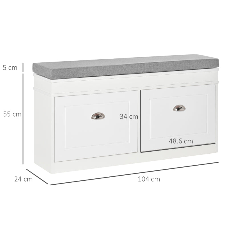 HOMCOM Shoe Storage Bench with Seat Cushion Hallway Cabinet Organizer with 2 Drawers Adjustable Shelf for Entryway Living Room Bedroom White