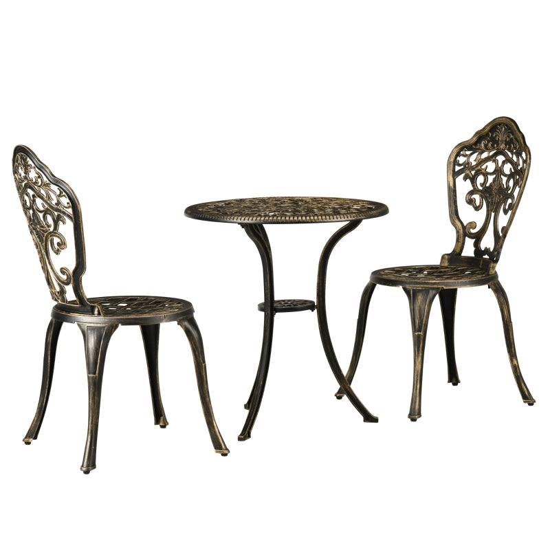 Outsunny 3 Piece Cast Aluminium Garden Bistro Set for 2 with Parasol Hole, Outdoor Coffee Table Set, Two Armless Chairs and Round Coffee Table