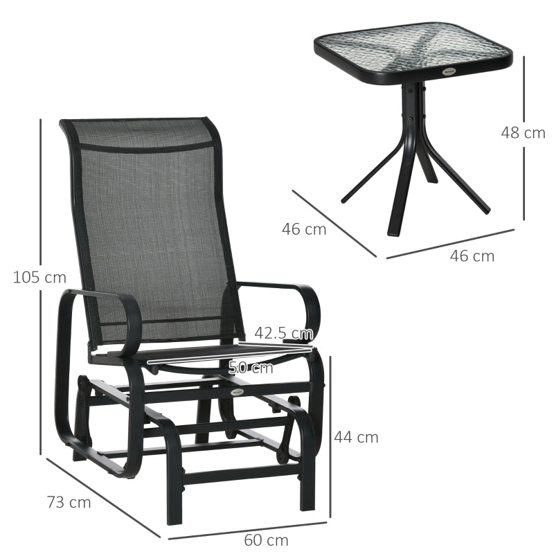 Outsunny 3 PCs Outdoor Gliding Rocking Chair With Tea Table Patio Garden Comfortable Swing Chair Black