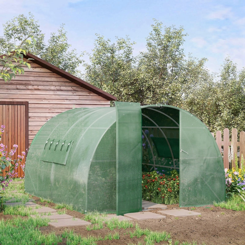 Outsunny 4 x 3 x 2 m Walk-In Greenhouse Polytunnel Greenhouse Plant Gardening Hot House with Steel Frame and Mesh Windows, Green