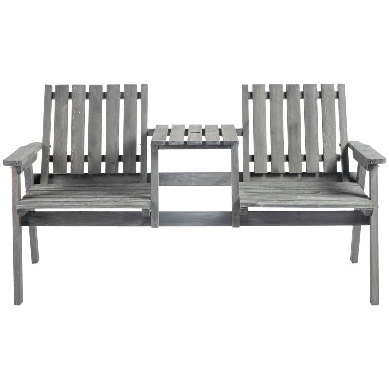 Outsunny 2-Seater Furniture Wooden Garden Bench Antique Loveseat Chair, Table Conversation Set for Yard, Lawn, Porch, Patio, Grey