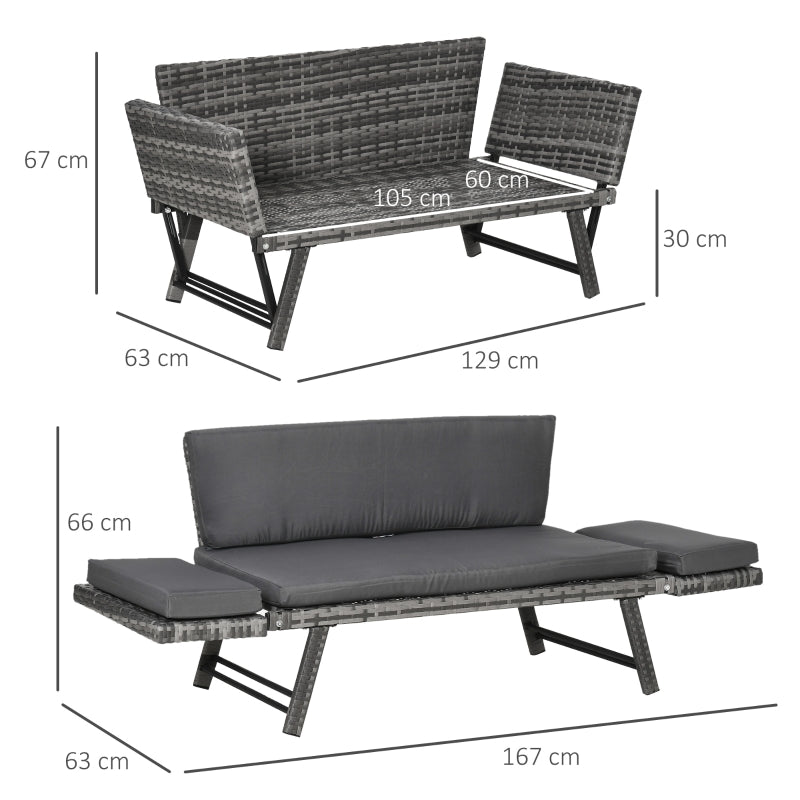 Outsunny 2 Seater Rattan Folding Daybed Sofa Bench Garden Chaise Lounger Loveseat with Cushion Outdoor Patio Grey