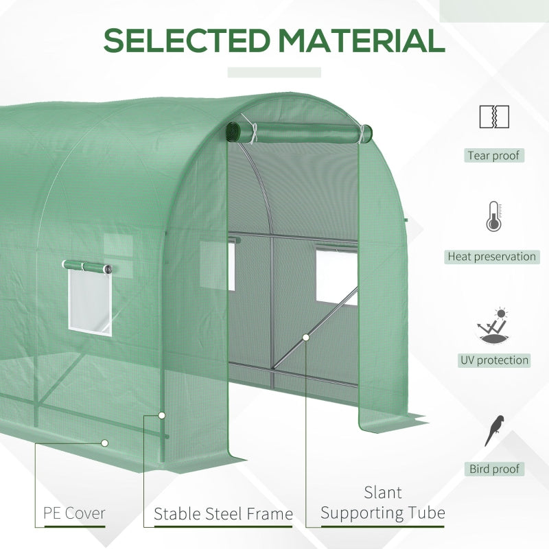 Outsunny 3.5 x 2 x 2 m Polytunnel Greenhouse, Walk in Pollytunnel Tent with Steel Frame, PE Cover, Roll Up Door and 6 Windows, Green