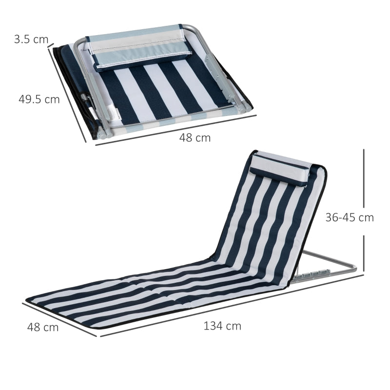 Outsunny Set of 2 Foldable Garden Beach Chair Mat Lightweight Outdoor Sun Lounger Seats Adjustable Back Metal Frame PE Fabric Head Pillow, Blue