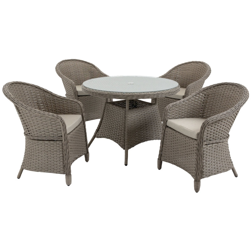 Outsunny 5 Pieces Outdoor Patio PE Rattan Dining Set, Four Seater Garden Furniture - 4 Chairs & Round Table w/ Umbrella Hole, Mixed Grey