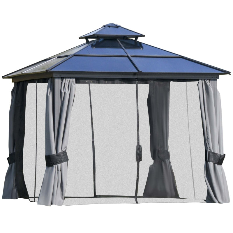 Outsunny 3 x 3(m) Polycarbonate Hardtop Gazebo Canopy with Double-Tier Roof and Aluminium Frame, Garden Pavilion with Mosquito Netting and Curtains