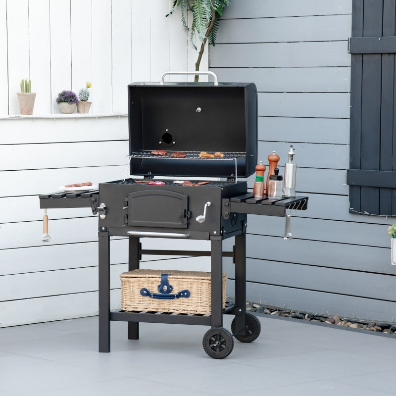 Outsunny Charcoal Barbecue Grill 3-in-1 Garden BBQ Trolley w/ Adjustable Charcoal Pan Height, Folding Shelves, Adjustable Opening and Thermometer