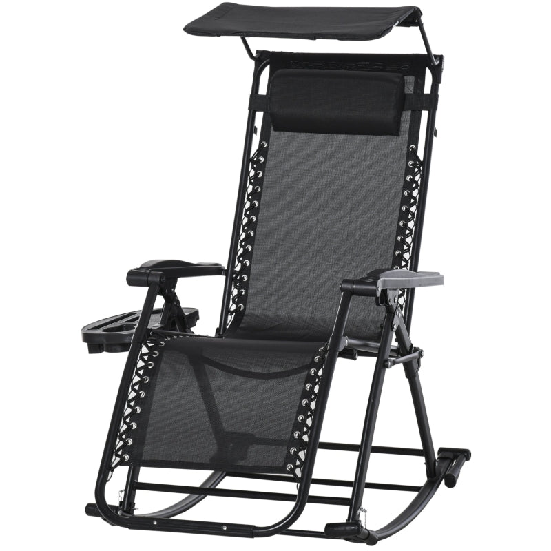 Outsunny Garden Rocking Chair Folding Recliner Outdoor Adjustable Sun Lounger Rocker Zero-Gravity Seat with Headrest Side Holder Patio Deck - Black