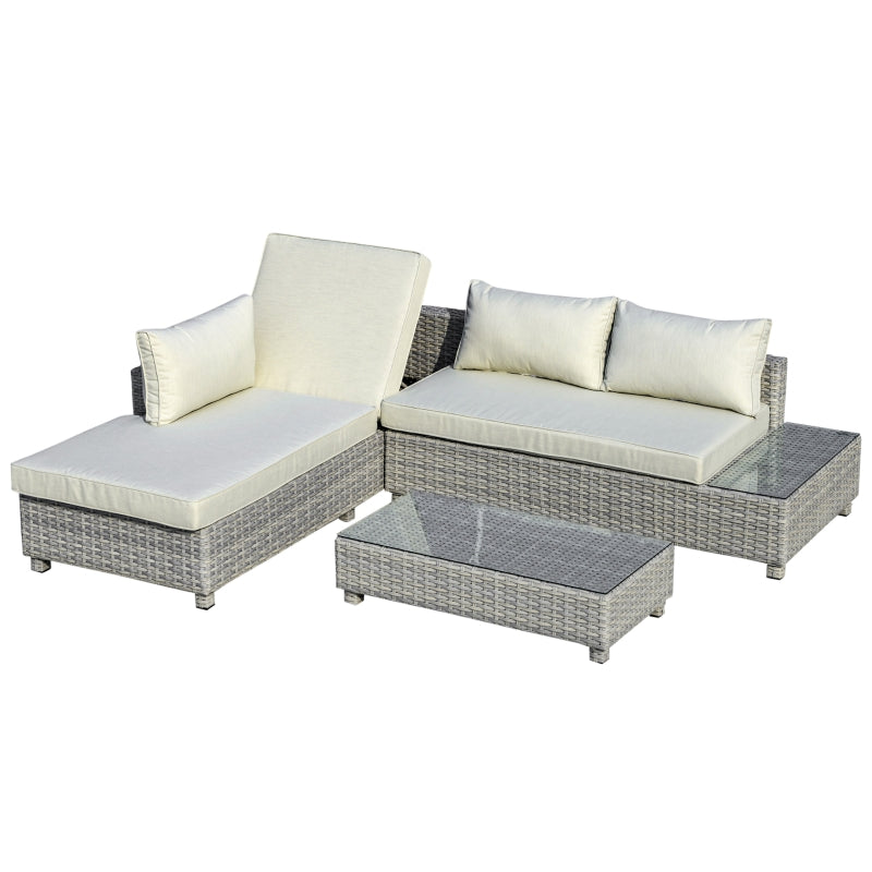 Outsunny 3 Pieces Outdoor PE Rattan Sofa Set, Patio Wicker Sectional Conversation Aluminium Frame Furniture Set, 4-Level Adjust Backrest Chaise Lounge