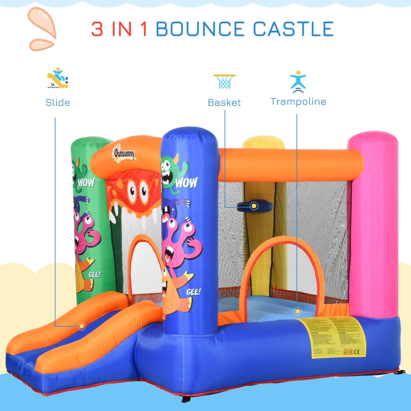 Outsunny Kids Bounce Castle House Inflatable Trampoline Slide Basket with Blower for Kids Age 3-8 Monster Design 2.5 x 1.8 x 1.75m Multi-color