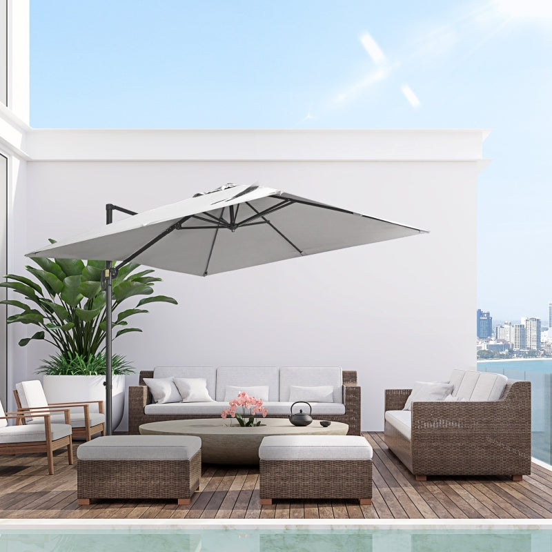 Outsunny 2.7 x 2.7 m Cantilever Parasol, Square Overhanging Umbrella with Cross Base, Crank Handle, Tilt, 360° Rotation and Aluminium Frame, Grey