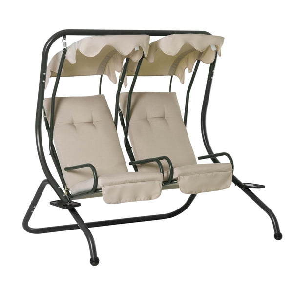 Outsunny 2-Seater Swing Chair Modern Relax Chair w/ 2 Separate Chairs, Cushions and Removable Shade Canopy, Beige