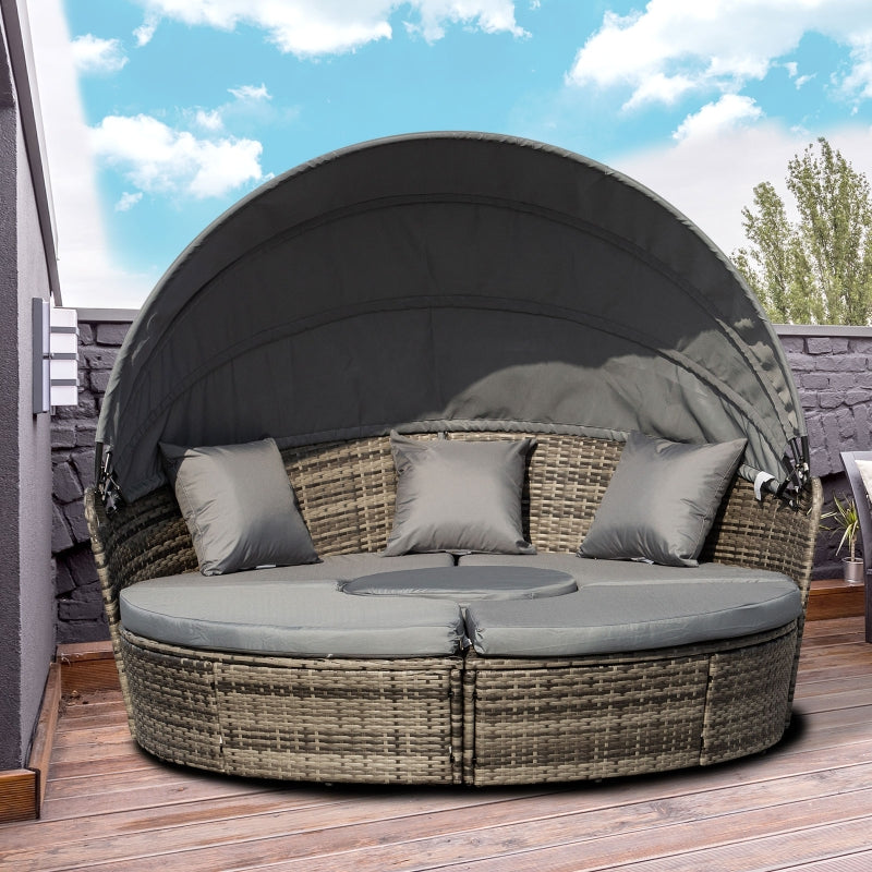 Outsunny Rattan Garden Furniture Cushioned Wicker Round Sofa Bed with Coffee Table Patio Conversation Furniture Set - Grey