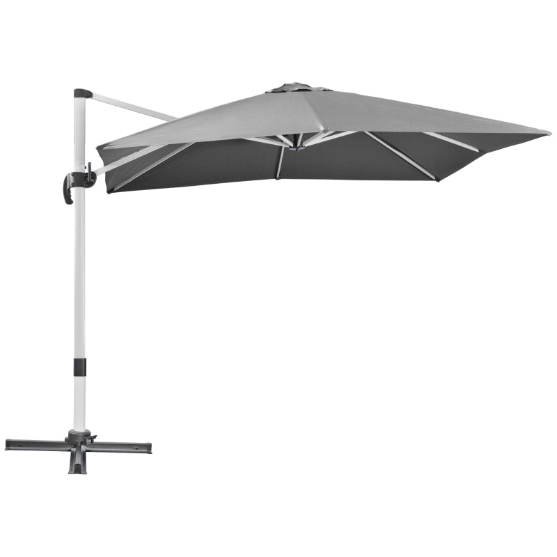 Outsunny 3 x 3(m) Cantilever Parasol, Square Garden Umbrella with Cross Base, Crank Handle, Tilt, 360° Rotation and Aluminium Frame, Grey